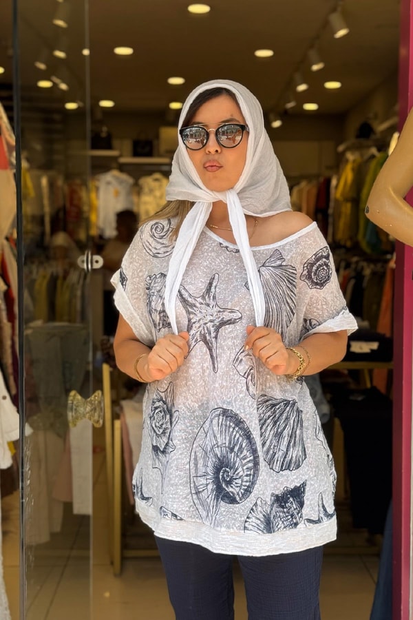 Fular Detaylı İthal Bluz Beyaz