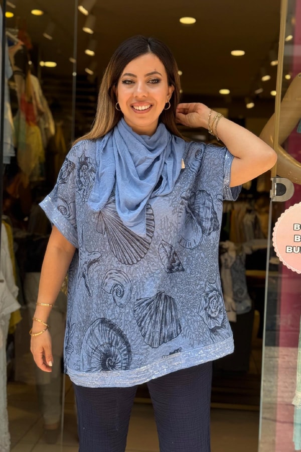 Fular Detaylı İthal Bluz Mavi