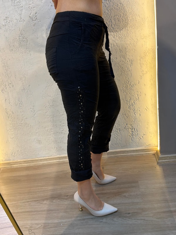 Full Likralı Payet Küpür Detaylı Pantolon Siyah
