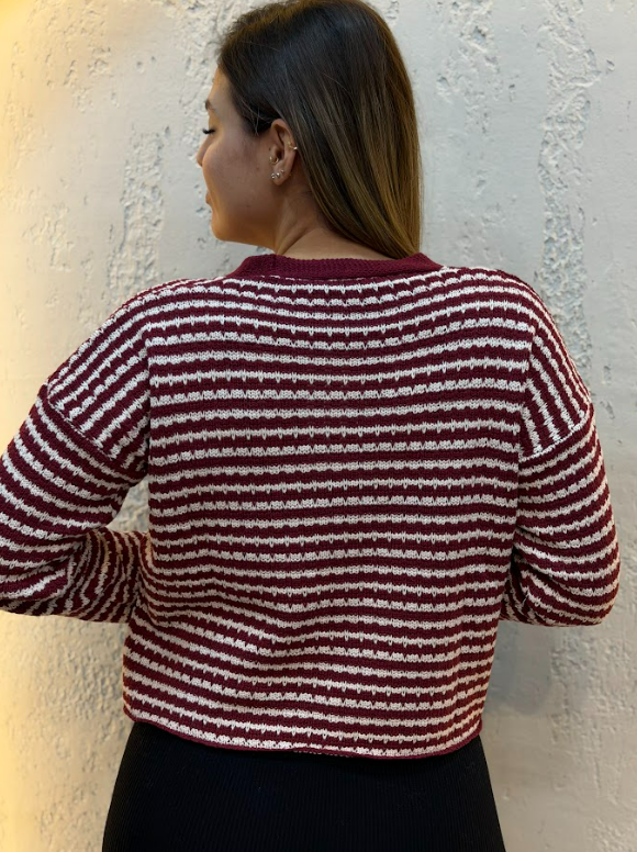 İnce Çizgili Triko Crop Hırka Bordo