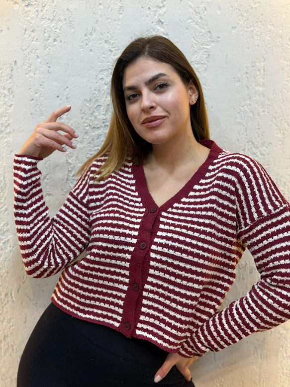 İnce Çizgili Triko Crop Hırka Bordo