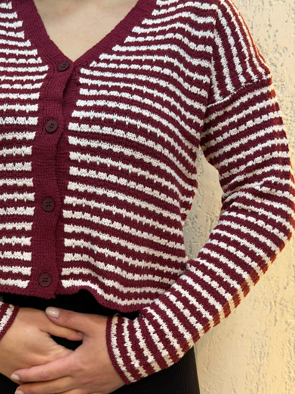 İnce Çizgili Triko Crop Hırka Bordo
