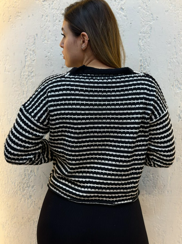 İnce Çizgili Triko Crop Hırka Siyah