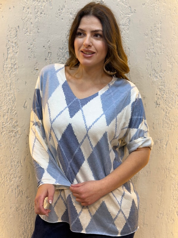İthal Ekose Desen Kaşmir Bluz Mavi