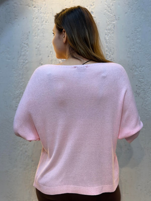 İthal V Yaka Merserize Bluz Pembe