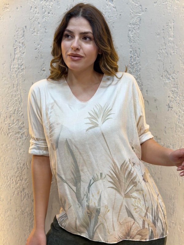 İthal Yaprak Desenli Kaşmir Bluz Krem