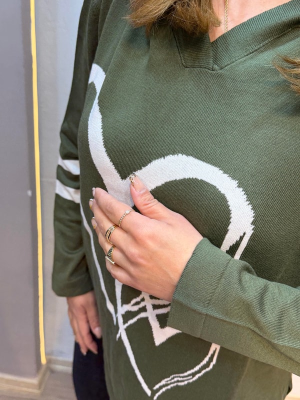 Kalp Desenli Kapüşonlu Triko Sweatshirt Haki