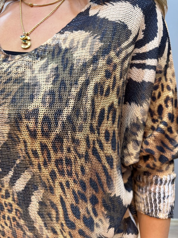 Karışık Leopar Desen İthal Bluz Açık Kahve