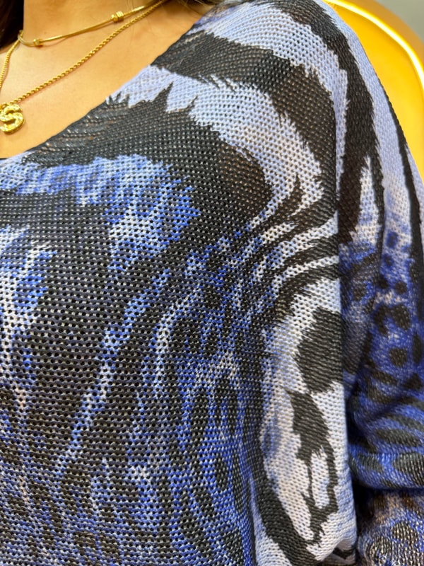 Karışık Leopar Desen İthal Bluz Koyu Mavi