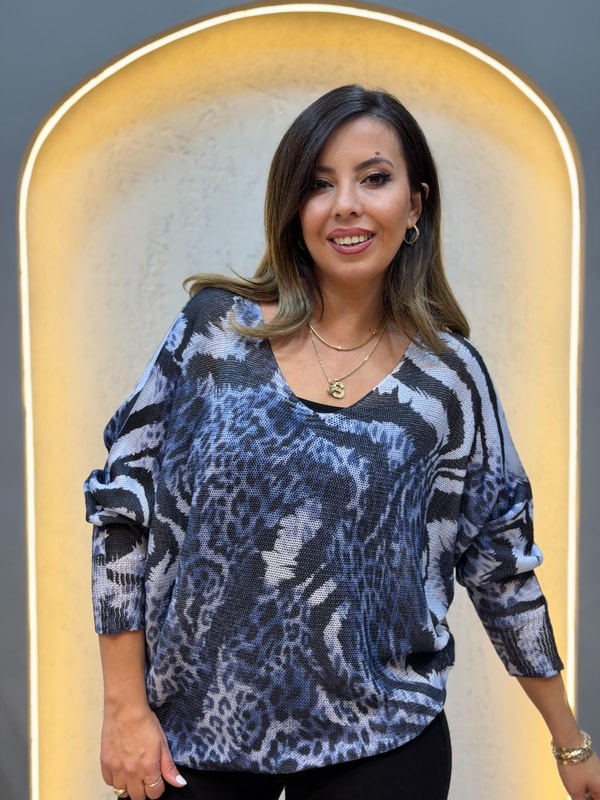 Karışık Leopar Desen İthal Bluz Mavi