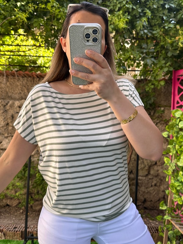 Kayık Yaka Çizgili Kısa Kollu Tişört Haki