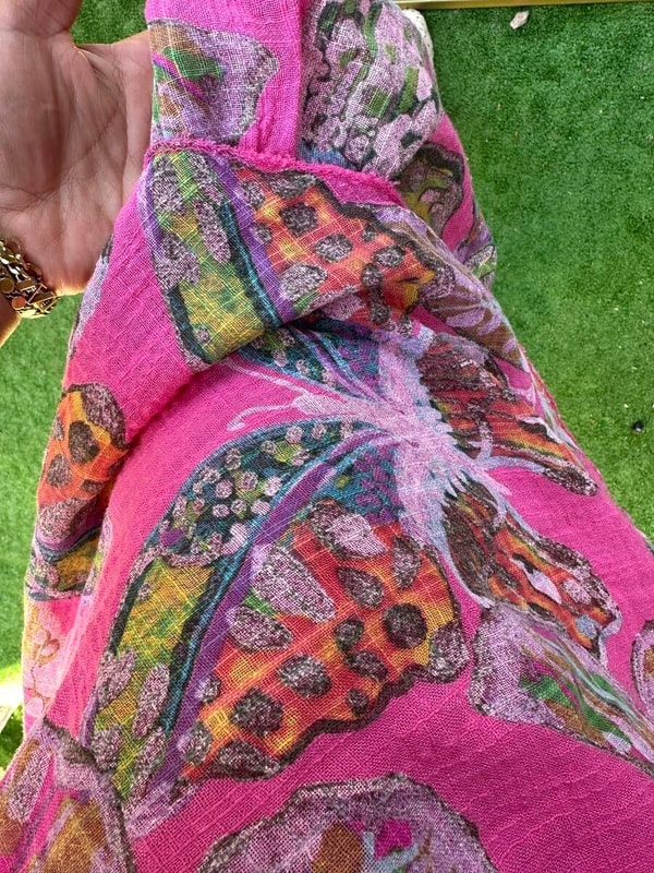 Kelebek Desenli %100 Keten İthal Elbise Pembe