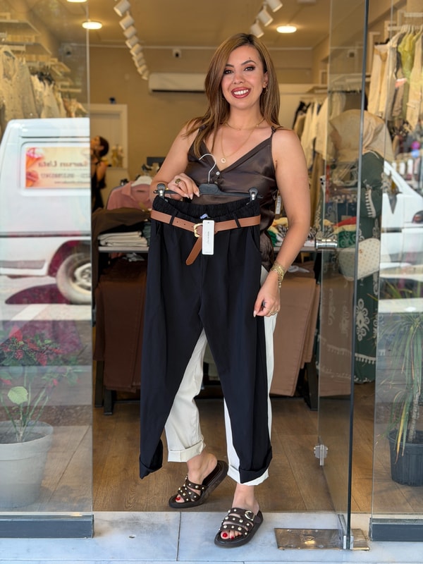 Kemer Detaylı Boru Paça Pantalon Siyah