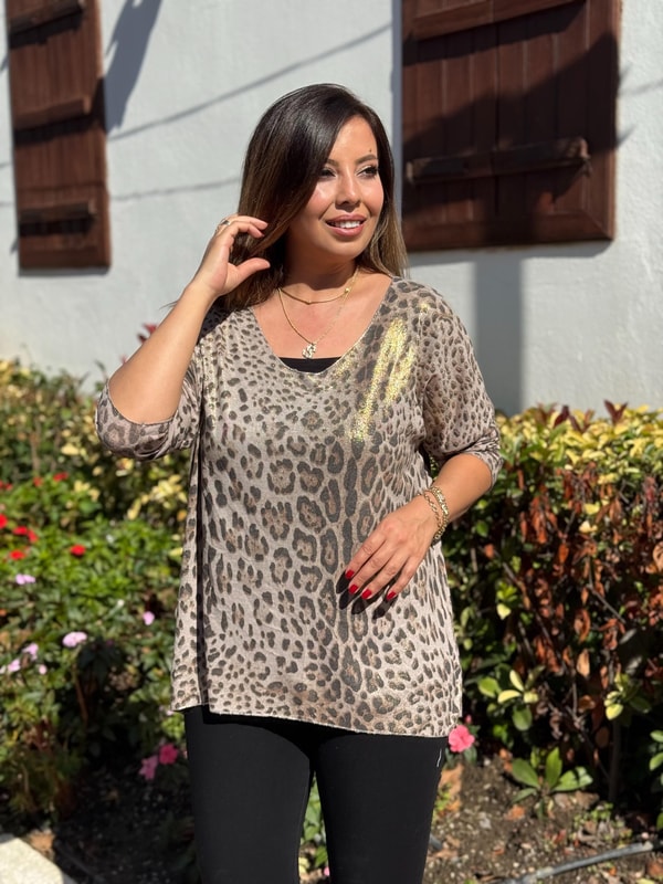 Kendinden Işıltılı İthal Leoparlı Bluz Vizon