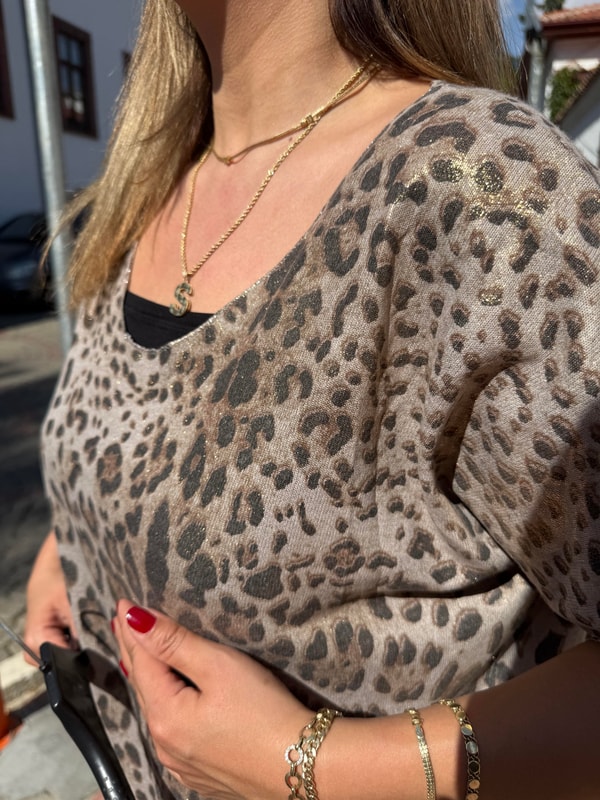 Kendinden Işıltılı İthal Leoparlı Bluz Vizon