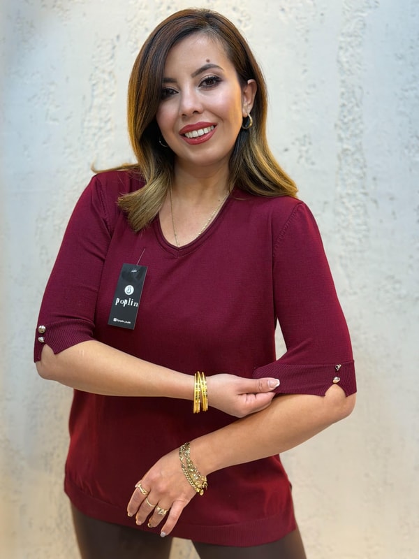 Kol Düğmeli Merserize Bluz Bordo