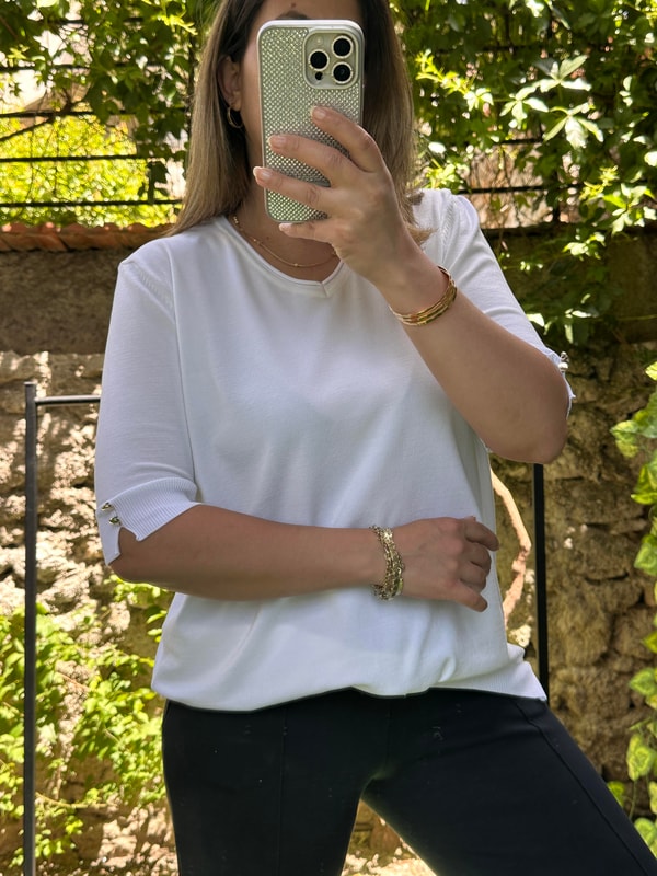 Kol Düğmeli Merserize Triko Bluz Beyaz
