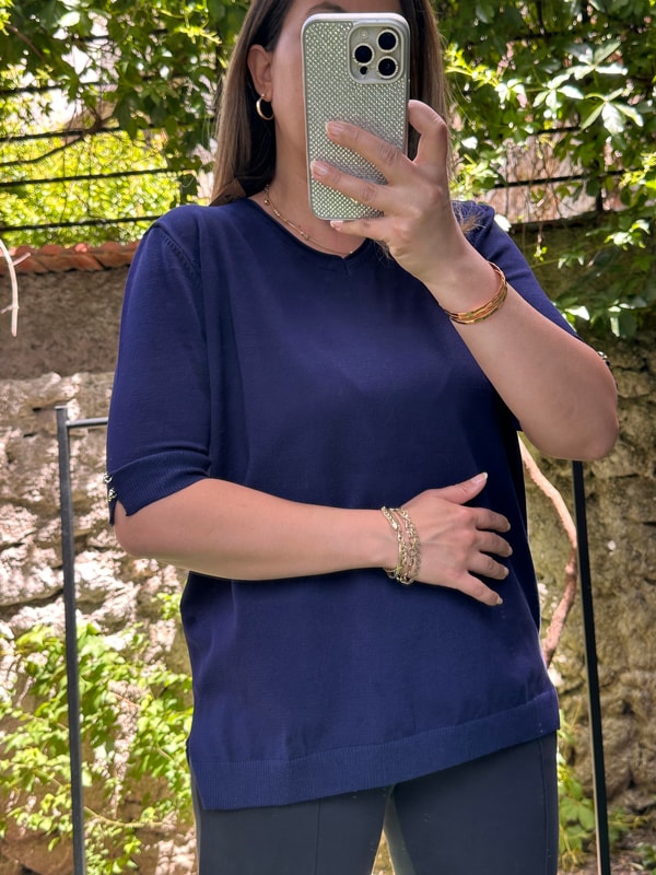 Kol Düğmeli Merserize Triko Bluz Lacivert