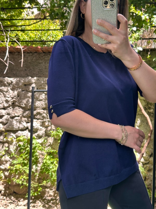 Kol Düğmeli Merserize Triko Bluz Lacivert