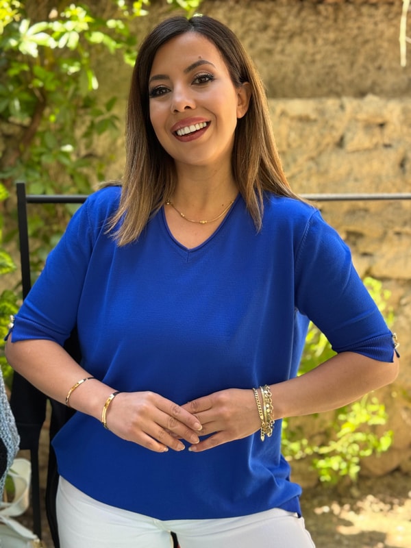 Kol Düğmeli Merserize Triko Bluz Saks Mavi
