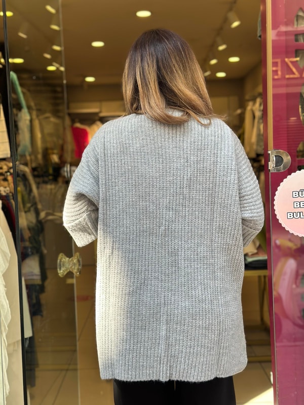 Kol Katlamalı Önü Açık Yün Hırka Gri