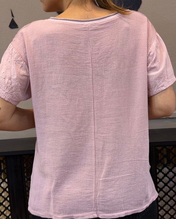 Kol ve Cep Detaylı İthal Bluz Pembe