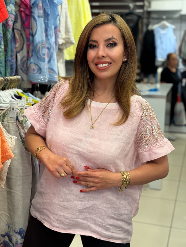 Kolları Pul Detaylı Bluz Pudra Pembe