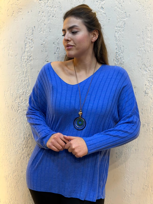 Kolye Hediyeli İthal Triko Bluz Saks Mavi