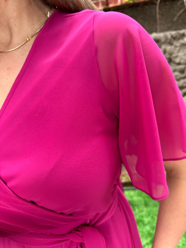 Kruvaze Yaka Şifon Elbise Fuşya