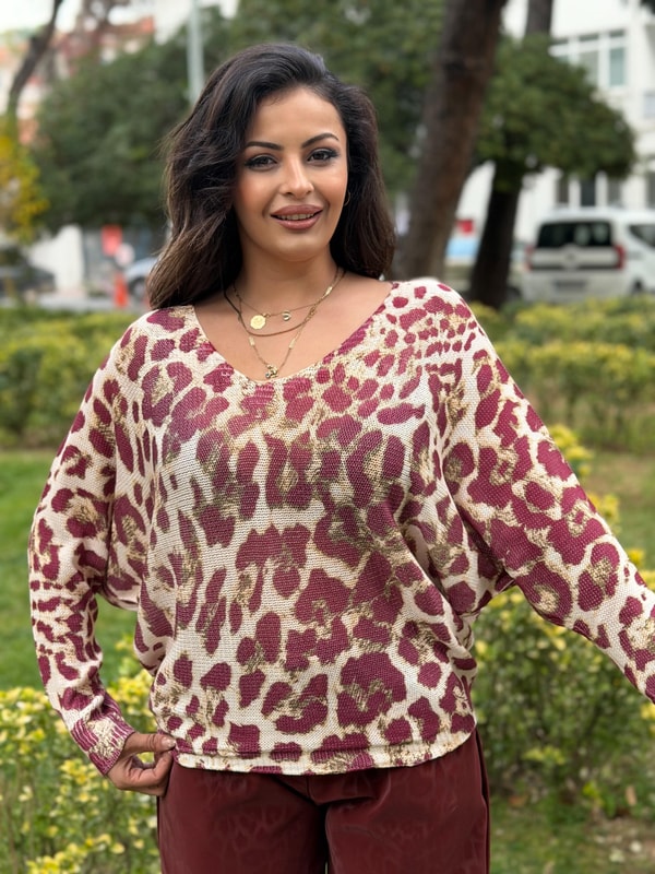 Leopar Desen İthal Bluz Mürdüm