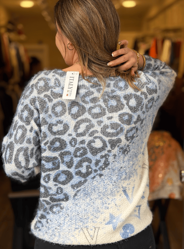 Leopar Desenli Altın Işıltı Detaylı İthal Bluz Mavi