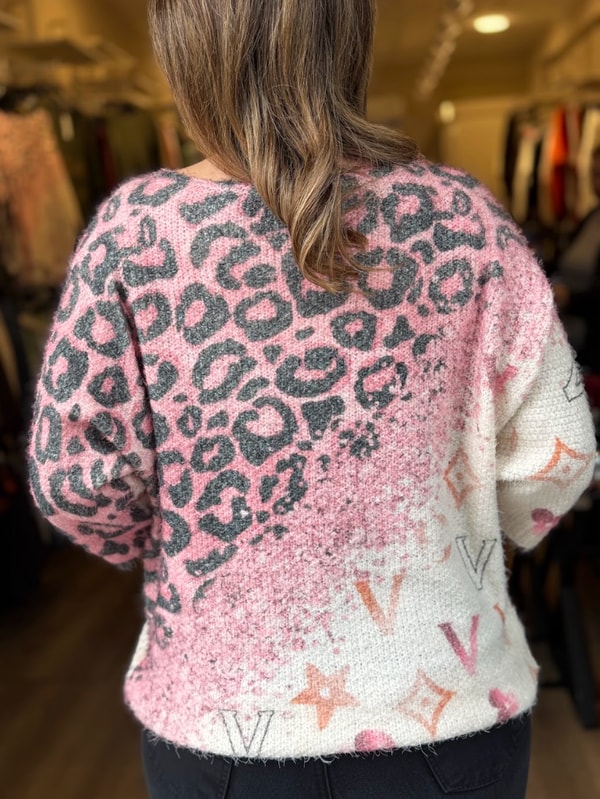 Leopar Desenli Altın Işıltı Detaylı İthal Bluz Pembe