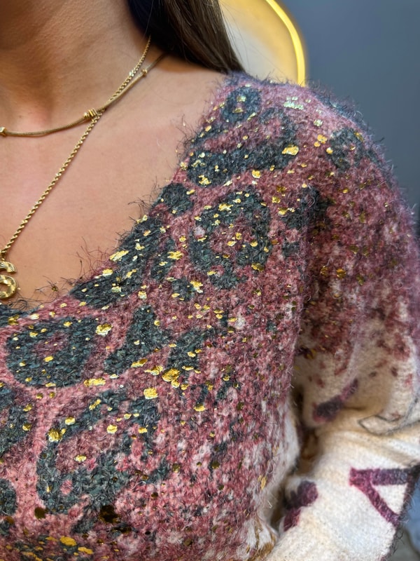 Leopar Desenli Altın Işıltı Detaylı İthal Bluz Bordo