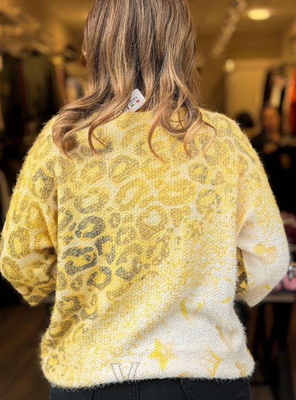 Leopar Desenli Altın Işıltı Detaylı İthal Bluz Sarı