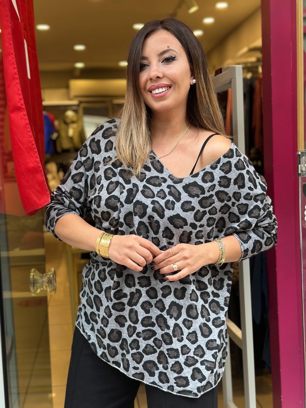 Leopar Desenli İthal Bluz Gri