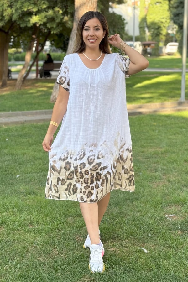 Leopar Desenli İthal Elbise Beyaz
