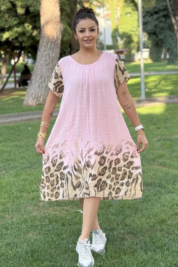 Leopar Desenli İthal Elbise Pembe