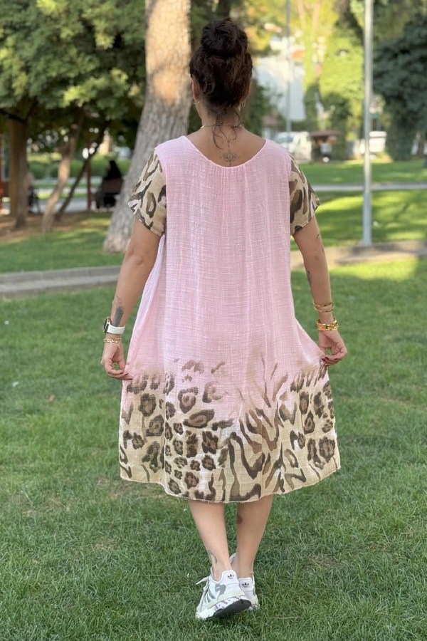 Leopar Desenli İthal Elbise Pembe