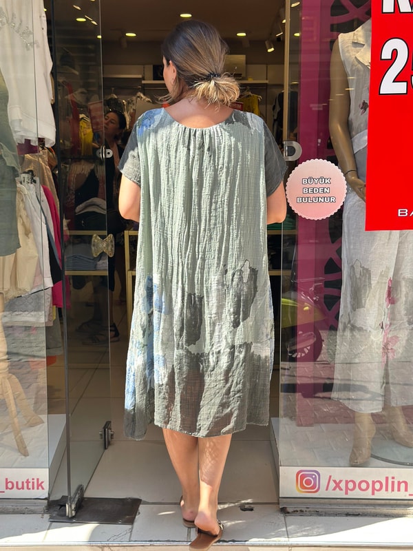 Mavi Çiçek Desenli İthal Elbise Haki
