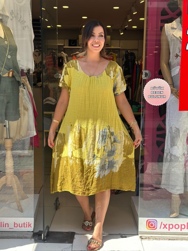 Mavi Çiçek Desenli İthal Elbise Sarı