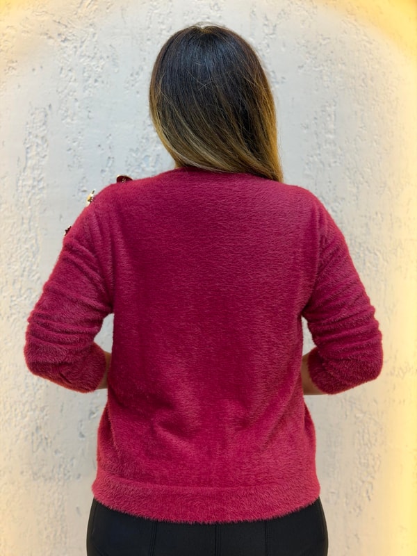 Omuz Broş Detaylı Triko Bluz Bordo