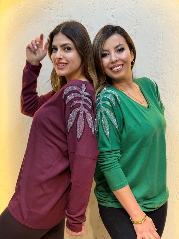 Omuz Taş Detaylı Uzun Kol Bluz Siyah