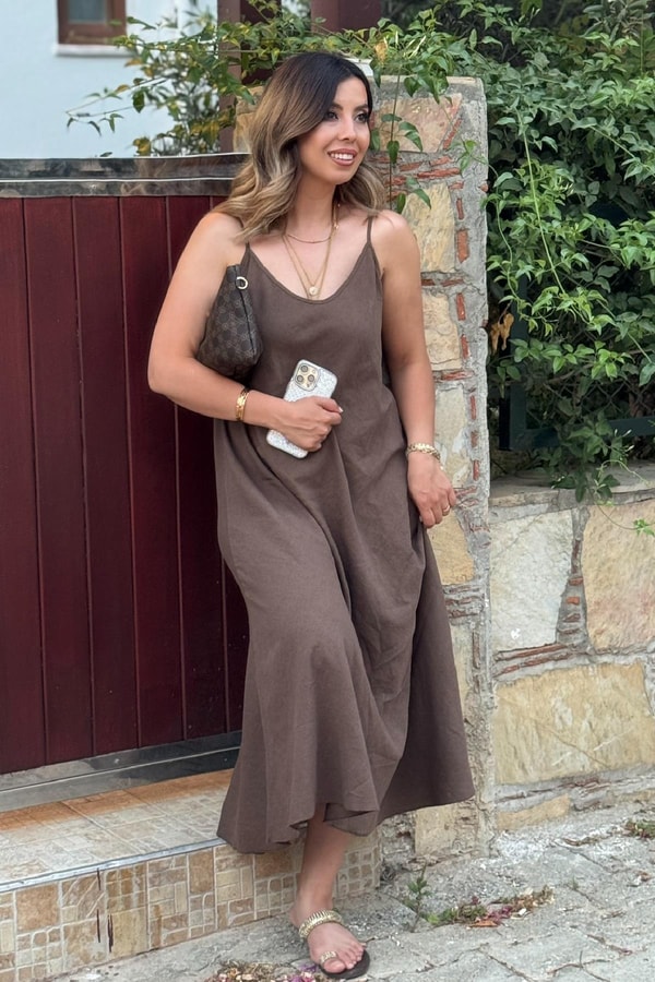 Pamuk Keten Ayarlanabilir İp Askılı Elbise