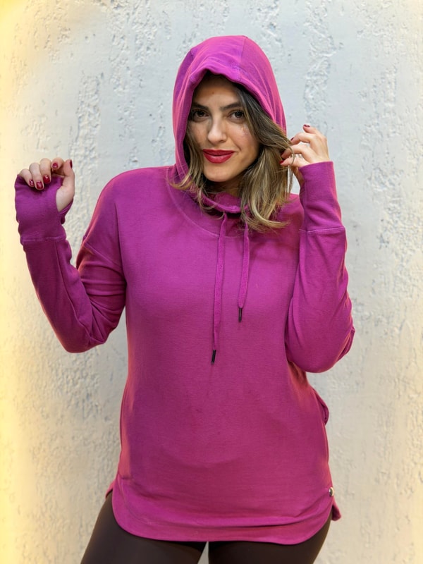 Parmak Geçirmeli Boyunluk Detaylı Kapüşonlu Hoodie Pembe