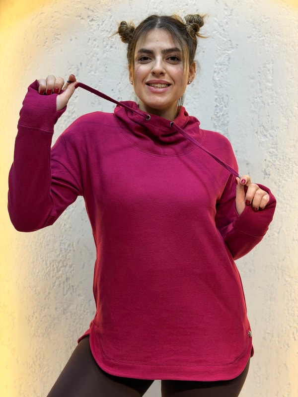 Parmak Geçirmeli Boyunluk Detaylı Kapüşonlu Hoodie Vişne Çürüğü
