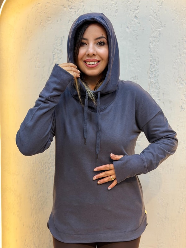 Parmak Geçirmeli Boyunluk Detaylı Kapüşonlu Hoodie Füme Mavi