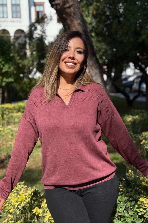 Polo Yaka Ajur Detaylı Pamuk Triko Bordo