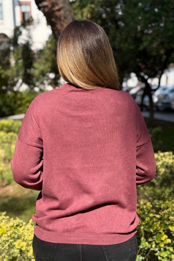 Polo Yaka Ajur Detaylı Pamuk Triko Bordo