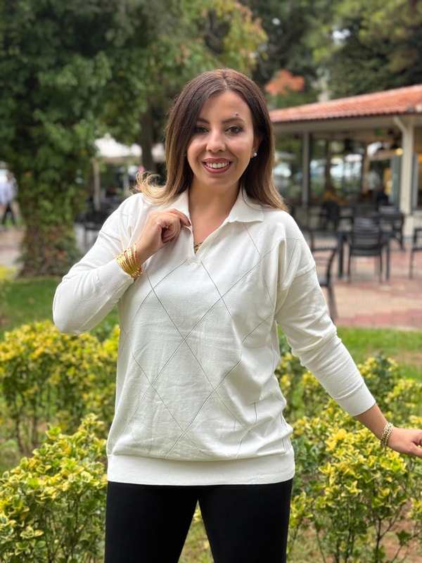 Polo Yaka Baklava Dilim Ajurlu Triko Beyaz