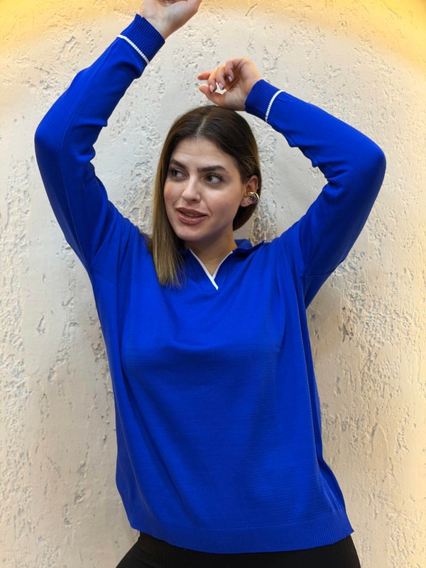 Polo Yaka Çizgili Merserize Triko Bluz Saks Mavi